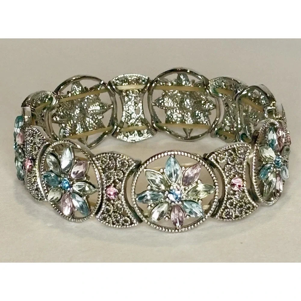 Vintage Silver Tone Pastel Rhinestone Stretch Bracelet